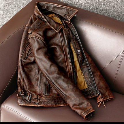 Motorcycle Short Stone Grinding Leather Jacket