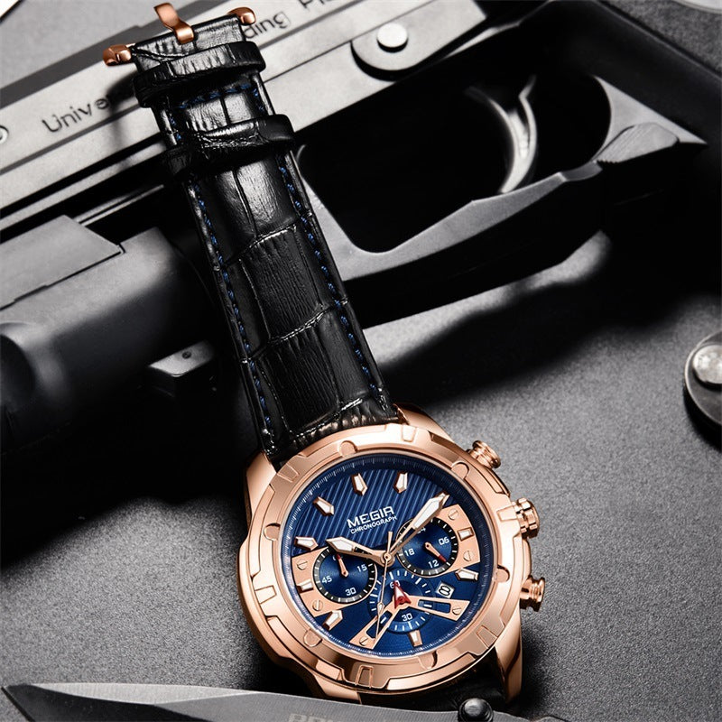 Multifunctional Chronograph Luminous Leather Sports Quartz Watch