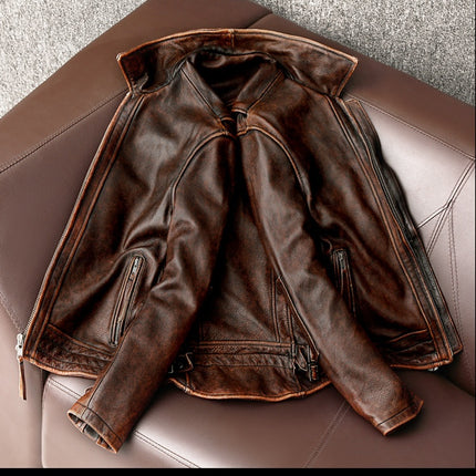 Motorcycle Short Stone Grinding Leather Jacket