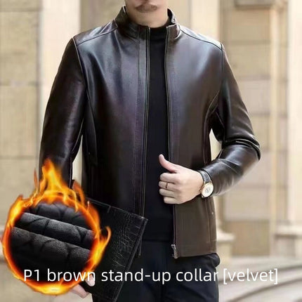 Men Leather Clothing With Stand Collar Men Fleece-lined