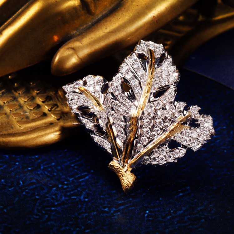 Retro Style 18K Gold Diamond Double Flower And Leaf Brushed Carving Gold Ear-ring Clip