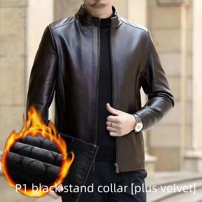 Men Leather Clothing With Stand Collar Men Fleece-lined