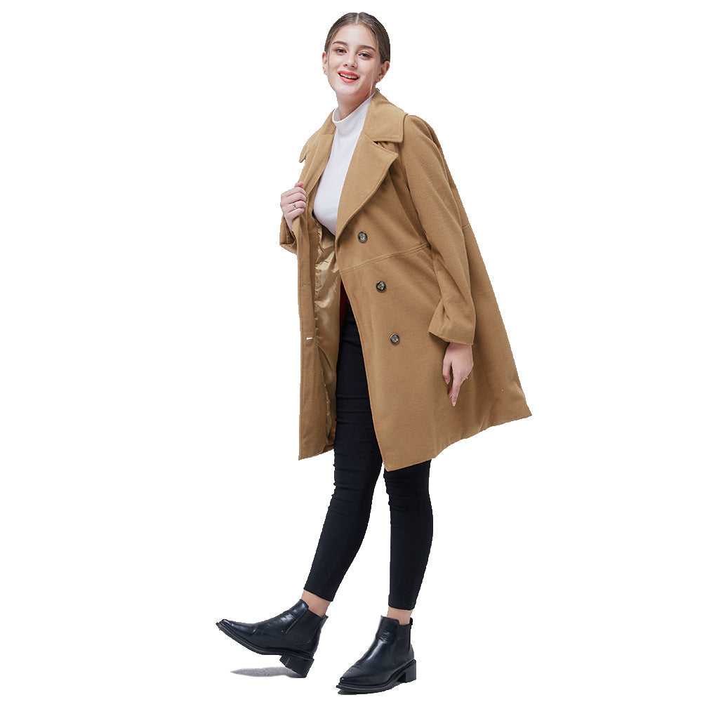 Women's double-breasted woolen long sleeve coat