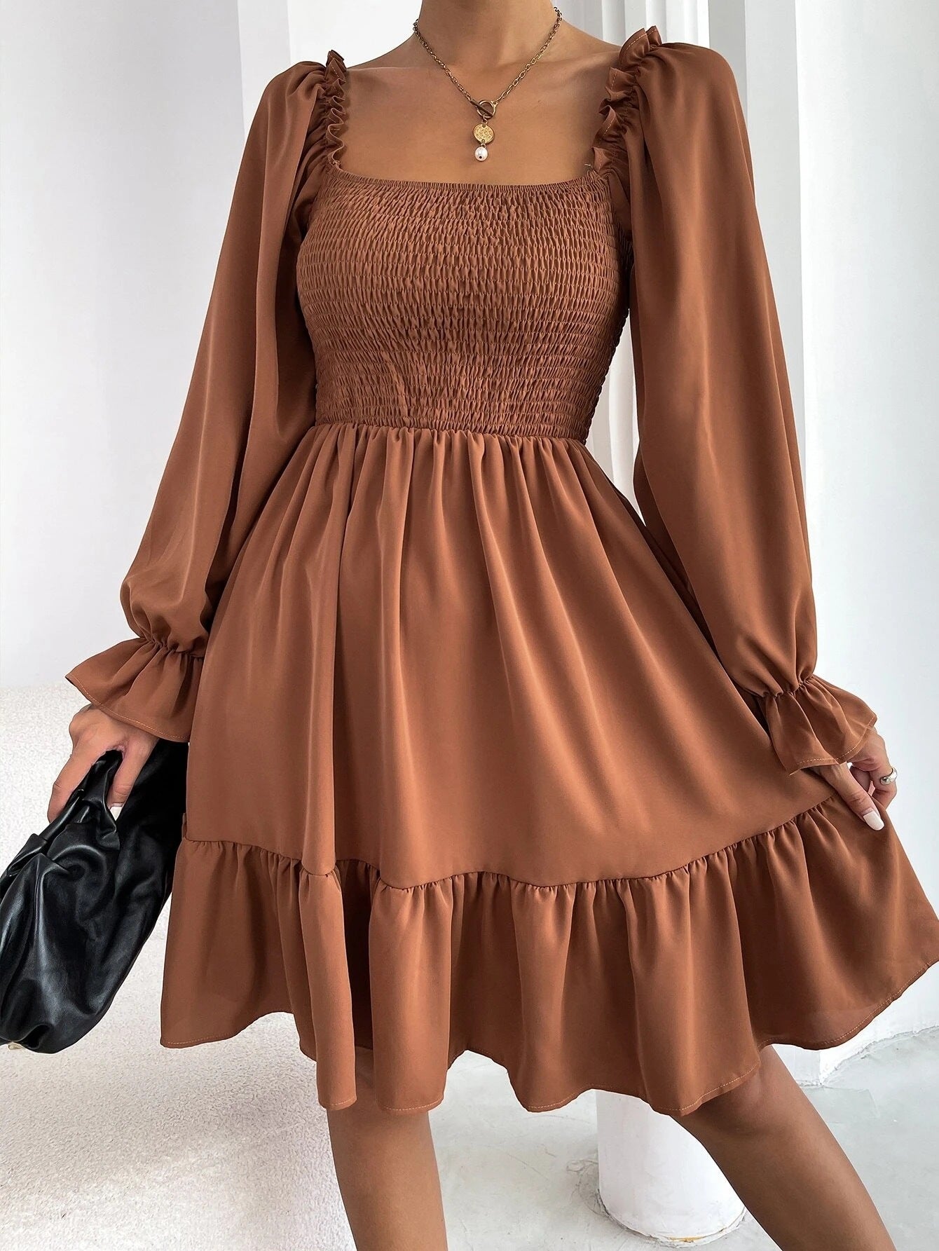 Flared Long Sleeve Dresses Women Square Neck Ruffled Swing Dress