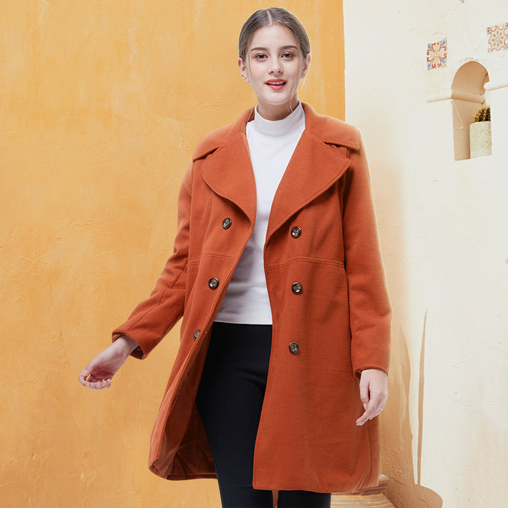 Women's double-breasted woolen long sleeve coat