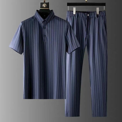 Men's Ice Silk Stripes Short Sleeve Pajama Suit