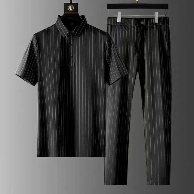 Men's Ice Silk Stripes Short Sleeve Pajama Suit